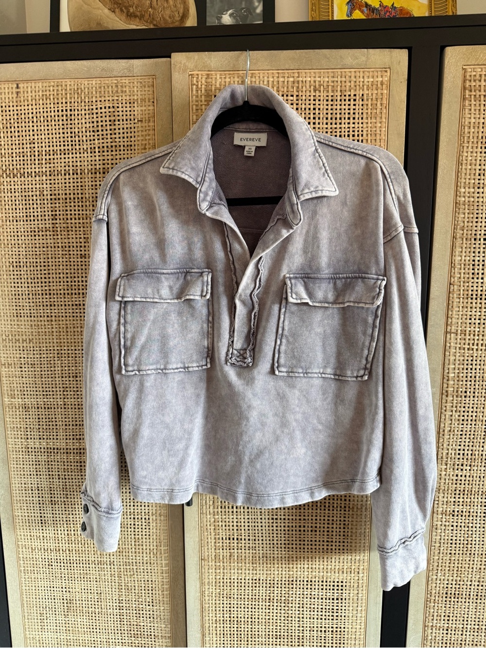 Evereve Washed Light Gray/Purple Collared Pullover with Chest Pockets